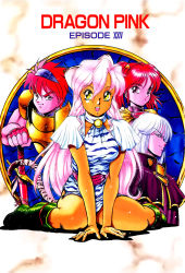 Rule 34 | 1990s (style), 2boys, 2girls, animal print, armor, boots, colored skin, copyright name, cover, cover page, dark skin, dragon pink, fingerless gloves, frown, full body, gloves, gold armor, gorget, green footwear, hair between eyes, half-closed eyes, halterneck, highres, holding, holding sword, holding weapon, itoyoko, long hair, multiple boys, multiple girls, official art, open mouth, parted bangs, pauldrons, pink (dragon pink), pink hair, pink sash, retro artstyle, santa (dragon pink), sash, shoulder armor, sitting, spiked hair, sword, teeth, thick eyebrows, thighs, tiger print, upper teeth only, v-shaped eyebrows, very long hair, wariza, weapon