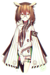 Rule 34 | 1girl, absurdres, arknights, beudelb, brown eyes, brown hair, buttons, cowboy shot, cropped legs, glasses, highres, holding own wrist, jacket, looking at viewer, medium hair, owl ears, rhine lab logo, silence (arknights), simple background, single thighhigh, solo, thigh strap, thighhighs, vial, white background, white jacket