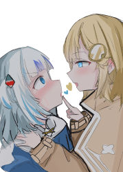 Rule 34 | 2girls, absurdres, aqua eyes, blonde hair, blue eyes, blue hair, blush, ear blush, eye contact, finger to mouth, gawr gura, hair ornament, hand on another&#039;s shoulder, heart, highres, hololive, hololive english, kyouma1123, looking at another, monocle, multicolored hair, multiple girls, shark hair ornament, silver hair, simple background, streaked hair, symbol-only commentary, virtual youtuber, watson amelia, white background, yuri
