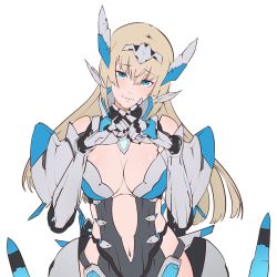 Rule 34 | 1girl, absurdres, android, bare shoulders, blue eyes, breasts, cleavage, crossed fingers, di allez series, highres, large breasts, long hair, navel, patatatan, phantasy star, phantasy star online 2, phantasy star online 2 new genesis, sketch, smile, solo, unfinished, very long hair, x fingers