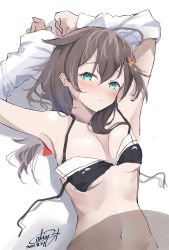Rule 34 | 1girl, absurdres, ahoge, alternate hairstyle, aqua eyes, arms up, bikini, black bikini, blush, breasts, brown hair, calin, commentary request, dated, hair between eyes, hair down, hair flaps, hair ornament, highres, kantai collection, long hair, looking at viewer, medium breasts, nose blush, one-hour drawing challenge, parted lips, sailor bikini, sailor collar, shigure (kancolle), shigure kai ni (kancolle), signature, simple background, sketch, solo, swimsuit, untied bikini, upper body, white background