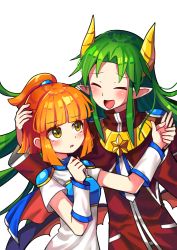 Rule 34 | 1boy, 1girl, absurdres, arle nadja, armor, blush, breastplate, brown eyes, brown hair, closed eyes, facing another, green hair, highres, horns, looking at another, offbeat, open mouth, parted lips, pointy ears, puyopuyo, satan (puyopuyo), short hair, short ponytail, smile