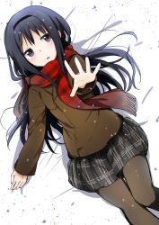 Rule 34 | 1girl, aabtcndneefkg, akemi homura, arm up, black eyes, black hair, black hairband, black pantyhose, black skirt, brown coat, coat, crying, crying with eyes open, from above, hairband, highres, long hair, long sleeves, looking at viewer, lying, mahou shoujo madoka magica, mahou shoujo madoka magica (anime), miniskirt, on back, open mouth, outstretched arm, outstretched hand, pantyhose, plaid, plaid scarf, plaid skirt, pleated skirt, red scarf, scarf, skirt, solo, tears, very long hair, white background