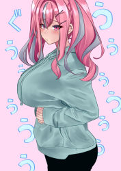 Rule 34 | 1girl, absurdres, azur lane, black pants, blush, breasts, bremerton (azur lane), casual, closed mouth, commentary request, cowboy shot, crossed bangs, drawstring, ear piercing, from side, green hoodie, grey hair, hair between eyes, hair intakes, hair ornament, hairclip, hands on own stomach, highres, hood, hood down, hoodie, huge breasts, hungry, long hair, long sleeves, looking at viewer, mole, mole under eye, multicolored hair, pants, piercing, pink background, pink eyes, pink hair, sidelocks, simple background, solo, sound effects, standing, stomach growling, streaked hair, twintails, two-tone hair, ura tomoya, x hair ornament