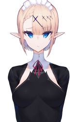 Rule 34 | 1girl, :&lt;, absurdres, asymmetrical bangs, blonde hair, blue hair, breasts, closed mouth, collarbone, colored inner hair, commentary request, detached sleeves, elf, hair ornament, highres, looking at viewer, maid, maid headdress, medium breasts, multicolored hair, nai (daiduolaoge), neck ribbon, original, pointy ears, red ribbon, ribbon, short hair, simple background, taut clothes, two-tone hair, upper body, white background