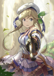 Rule 34 | 1girl, aiming, aiming at viewer, bare shoulders, belt, belt buckle, beret, blonde hair, blurry, breasts, buckle, cleavage, commentary request, cowboy shot, cucouroux (granblue fantasy), day, depth of field, detached sleeves, dress, dual wielding, forest, granblue fantasy, grey eyes, gun, hair ribbon, handgun, hat, hinami (hinatamizu), holding, holding gun, holding weapon, leaf, long hair, looking at viewer, medium breasts, nature, open mouth, outdoors, outstretched arm, revolver, ribbon, smoke, smoking gun, solo, standing, sunlight, sweat, tree, twintails, weapon, white hat