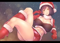Rule 34 | 1girl, blush, boots, breasts, fur trim, gloves, hat, highres, kagami uekusa, knee boots, large breasts, letterboxed, lips, midriff, miniskirt, mole, mole on breast, mole under eye, nijisanji, pom pom (clothes), red footwear, red gloves, red skirt, santa costume, santa hat, shizuka rin, short sleeves, simple background, skirt, sky, solo, star (sky), starry sky, virtual youtuber