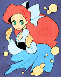 Rule 34 | 1girl, air bubble, ariel (disney), blue background, blue bow, blue dress, bow, bright pupils, bubble, cropped legs, dress, green eyes, hair bow, inumura (inu noya), lipstick, long hair, long sleeves, looking at viewer, makeup, red hair, sebastian (disney), smile, the little mermaid, white pupils