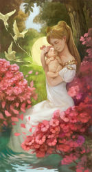Rule 34 | 1990s (style), 2girls, age difference, baby, bird, bishoujo senshi sailor moon, blonde hair, chibi usa, child, double bun, dress, closed eyes, family, flower, garden, highres, holding, k-bose, long hair, mother and daughter, multiple girls, neo queen serenity, nude, outdoors, princess serenity, puffy sleeves, realistic, short sleeves, sitting, smile, tree, tsukino usagi, twintails, water, white dress