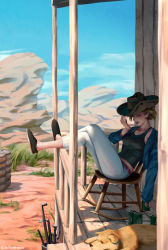 Rule 34 | 1girl, alcohol, animal, artist name, barrel, beer, beer can, belt, black footwear, black shirt, blonde hair, blue jacket, blue sky, breasts, brown hat, can, chair, closed eyes, cloud, collar, collarbone, collared jacket, cowboy hat, crossed legs, cup, day, dog, drink, drink can, drum (container), full body, grass, hand on headwear, hat, highres, holding, holding cup, indoors, jacket, long sleeves, on chair, open clothes, open jacket, open mouth, original, outdoors, pants, shadow, shirt, shoes, short hair, sitting, sky, solo, t-shirt, white pants, whoareuu