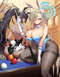 Rule 34 | 2girls, absurdres, animal ears, ass, asuna (blue archive), asuna (bunny) (blue archive), back, ball, bare shoulders, billiard ball, billiards, black hair, black leotard, black pantyhose, blue archive, blue eyes, blue leotard, blue neckwear, blush, bow, bowtie, breasts, cleavage, cue stick, curvy, dark-skinned female, dark skin, detached collar, fake animal ears, fishnet legwear, fishnets, food, fruit, gloves, hair over one eye, highleg, highleg leotard, highres, holding, holding cue stick, indoors, karin (blue archive), karin (bunny) (blue archive), large breasts, leotard, leotard pull, long hair, looking at viewer, mer4, multiple girls, official alternate costume, on table, pantyhose, playboy bunny, ponytail, rabbit ears, rabbit tail, silver hair, sitting, sitting on table, smile, strapless, strapless leotard, table, tail, thong leotard, traditional bowtie, very long hair, white gloves, wide hips, wrist cuffs