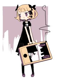 Rule 34 | 1girl, :o, bare arms, black bow, black dress, black thighhighs, blonde hair, blunt bangs, blush stickers, bob cut, bow, colored inner hair, dress, dress bow, frilled sleeves, frilled thighhighs, frills, full body, furrowed brow, guillotine girl (yukihi), hair bow, hair ornament, holding, holding suitcase, jaggy lines, legs apart, limited palette, looking away, looking to the side, mary janes, multicolored hair, negative space, no nose, no pupils, original, outside border, parted lips, pigeon-toed, puffy short sleeves, puffy sleeves, purple background, purple eyes, purple footwear, ribbon-trimmed legwear, ribbon trim, shoes, short hair, short sleeves, simple background, solo, standing, streaked hair, suitcase, swept bangs, thighhighs, two-tone background, v-shaped eyebrows, white background, white bow, yukihi