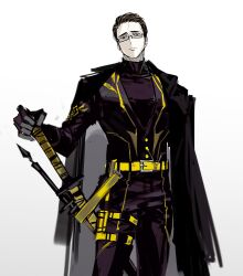 Rule 34 | 1boy, belt, black eyes, black gloves, black hair, black pants, black vest, blonde hair, closed mouth, glasses, gloves, highres, looking at viewer, male focus, multicolored hair, pants, project moon, remsrar, simple background, solo, streaked hair, sword, the distortion detective, thigh strap, vespa crabro, vest, weapon, white background, yellow belt