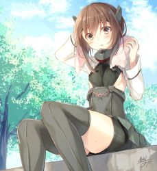 Rule 34 | 10s, 1girl, anchor, bike shorts, black thighhighs, blush, brown eyes, brown hair, day, drying, drying hair, flat chest, hair between eyes, headband, headgear, jpeg artifacts, kantai collection, looking at viewer, md5 mismatch, open mouth, outdoors, resized, short hair, signature, sitting, skirt, solo, taihou (kancolle), thighhighs, toosaka asagi, towel, tree