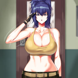 Rule 34 | 1girl, blue eyes, blue hair, breasts, cleavage, gloves, highres, huge breasts, leona heidern, looking at viewer, midriff, ponytail, radracer, salute, snk, solo, tank top, textless version, the king of fighters, the king of fighters xiv, the king of fighters xv, third-party edit, wide hips, yellow tank top