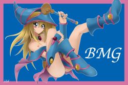 Rule 34 | 1girl, bad id, bad pixiv id, bare legs, bare shoulders, blonde hair, blush stickers, breasts, cleavage, dark magician girl, duel monster, gem, green eyes, hat, long hair, looking at viewer, love (pspdspsp), magical girl, poking, simple background, skirt, smile, solo, wand, weapon, wizard hat, yu-gi-oh!, yuu-gi-ou, yu-gi-oh! duel monsters