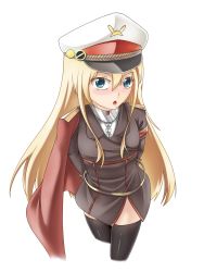 Rule 34 | 1girl, absurdres, arms behind back, belt, blonde hair, blue eyes, blush, cape, deutschland (warship girls r), hat, highres, long hair, looking at viewer, military, military hat, military uniform, open mouth, shukyou, solo, thighhighs, uniform, warship girls r, white background