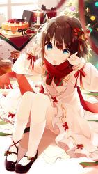 Rule 34 | 1girl, blue eyes, blush, brown hair, cake, christmas tree, commentary, dress, food, gift, hair ornament, harrybeace, highres, indie virtual youtuber, kano (utaite), looking at viewer, school uniform, sitting, solo, virtual youtuber, window