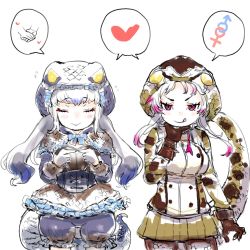 Rule 34 | 2girls, :q, african rock python (kemono friends), arm at side, bad id, bad twitter id, bisexual female, bloomers, blue hair, bow, bowtie, brown gloves, brown legwear, capelet, chabo-kun, closed eyes, closed mouth, commentary request, corset, cowboy shot, drawstring, facing viewer, fidgeting, flying sweatdrops, frilled hood, frilled skirt, frills, gloves, green skirt, grey hair, hand on own chin, hand up, hands up, heart, highres, hood, hood up, hooded jacket, index fingers together, interlocked mars and venus symbols, jacket, kemono friends, komodo dragon (kemono friends), komodo dragon tail, licking lips, lizard tail, long sleeves, looking at viewer, mars symbol, microskirt, miniskirt, multicolored hair, multiple girls, own hands together, pantyhose, pleated skirt, purple eyes, purple hair, reptile girl, seductive smile, shared speech bubble, side-by-side, sitting, sketch, skirt, smile, snake tail, speech bubble, spoken heart, spoken mars symbol, spoken venus symbol, tail, tongue, tongue out, tsurime, underwear, v-shaped eyebrows, venus symbol, white background, white gloves, white hair, zipper