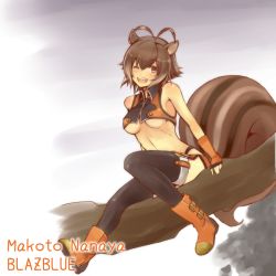 Rule 34 | 1girl, ahoge, animal ears, arc system works, bare shoulders, blazblue, blazblue: continuum shift, blush, boots, breasts, brown eyes, brown hair, character name, copyright name, female focus, fingerless gloves, gloves, lulu06, makoto nanaya, one eye closed, revealing clothes, short hair, sitting, skirt, smile, solo, squirrel ears, squirrel tail, tail, thighhighs, thighs, branch, underboob, wink