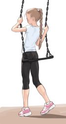Rule 34 | 1girl, bad id, bad pixiv id, blush, braid, braided ponytail, facing away, from behind, highres, light brown hair, luimiart, original, ponytail, shirt, simple background, single braid, small hips, solo, standing, swing, t-shirt