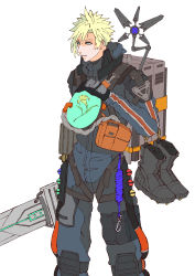 Rule 34 | 1boy, 87, absurdres, alternate costume, aqua eyes, blonde hair, boots, cloud strife, death stranding, final fantasy, final fantasy vii, final fantasy vii remake, flower, gloves, hair between eyes, highres, holding, holding weapon, jumpsuit, knee pads, lily (flower), looking to the side, male focus, short hair, solo, spiked hair, square enix, sword, upper body, weapon, white background, yellow flower