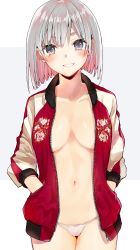 Rule 34 | 1girl, blue eyes, blush, bow, bow panties, breasts, collarbone, commentary request, cowboy shot, eyebrows hidden by hair, grey background, grey hair, grin, hands in pockets, highres, jacket, long sleeves, looking at viewer, medium breasts, multicolored hair, navel, no bra, open clothes, open jacket, original, panties, puffy long sleeves, puffy sleeves, red hair, red jacket, smile, solo, tomozero, two-tone background, two-tone hair, underwear, white background, white panties