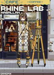 Rule 34 | 1girl, ankleband, arknights, brown coat, brown hair, character name, coat, coffee mug, cup, drone, full body, gamepix, gloves, highres, holding, holding cup, infection monitor (arknights), magallan (arknights), mask, mask around neck, mug, multicolored coat, multicolored hair, outdoors, pixel art, rhodes island logo (arknights), shadow, short hair, sidewalk, skates, solo, standing, streaked hair, theodolite, two-tone coat, white coat, white footwear, white gloves, white hair, yellow eyes