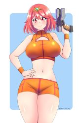 Rule 34 | 1girl, absurdres, breasts, gun, highres, holding, holding gun, holding weapon, jarckius, large breasts, metroid, nintendo, pyra (xenoblade), red eyes, red hair, short hair, short shorts, shorts, solo, swept bangs, thick thighs, thighs, weapon, xenoblade chronicles (series), xenoblade chronicles 2, zero suit