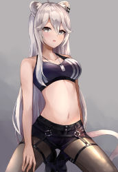 Rule 34 | 1girl, animal ear fluff, animal ears, black footwear, black shorts, black sports bra, breasts, dog tags, earrings, fang, grey background, grey eyes, hair between eyes, highres, hololive, jewelry, kneeling, konkito, large breasts, lion ears, lion girl, lion tail, looking at viewer, midriff, navel, official alternate costume, open mouth, pantyhose, shishiro botan, shishiro botan (button-down), shoes, short shorts, shorts, silver hair, simple background, solo, sports bra, tail, thigh strap, virtual youtuber
