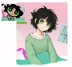 Rule 34 | 1girl, archived source, bad id, bad twitter id, black hair, bright pupils, buttercup (ppg), buttercup redraw challenge (meme), derivative work, green eyes, green pajamas, lamp, long sleeves, looking at viewer, meme, messy hair, pajamas, powerpuff girls, rafflesia d, reference inset, screenshot inset, screenshot redraw, shadow, solo, under covers, white pupils