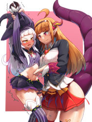 Rule 34 | ahoge, bakasp-lilzy, poking belly, blush, breasts, cleavage, dragon horns, dragon tail, female focus, hat, height difference, held up, highres, holding another&#039;s wrist, hololive, horns, kiryu coco, large breasts, long hair, midriff, miniskirt, murasaki shion, navel, navel fingering, orange hair, purple eyes, side slit, size difference, skirt, tail, thick thighs, thighs, virtual youtuber, white hair, witch, witch hat, yellow eyes, yuri