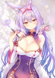 Rule 34 | 1girl, animal ear fluff, animal ears, bare shoulders, blush, bow, breasts, cleavage, cleavage cutout, clothing cutout, commentary request, covered navel, dress, hair bow, hair ornament, heart, highres, himesaki yuzuru, holding, holding stylus, large breasts, long hair, looking at viewer, mole, mole under eye, noripro, okanoyuno, orange eyes, pink bow, purple hair, rabbit ears, rabbit hair ornament, smile, solo, striped, striped bow, stylus, twintails, virtual youtuber