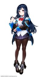 Rule 34 | 1girl, ankle boots, black footwear, black jacket, blue hair, blush, boots, bow, bowtie, brown pantyhose, closed mouth, cross-laced footwear, denonbu, full body, twirling hair, hand up, jacket, long hair, long sleeves, looking at viewer, mika pikazo, miniskirt, official art, open clothes, open jacket, pantyhose, pigeon-toed, pleated skirt, purple skirt, red bow, red bowtie, red eyes, shinonome kazune, shirt, simple background, skirt, solo, untucked shirt, watermark, white background, white shirt