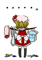 Rule 34 | ..., 1girl, apron, black thighhighs, blonde hair, clothes hanger, clothes writing, embodiment of scarlet devil, female focus, flandre scarlet, from behind, hat, iusa415, ribbon, shirt, short hair, side ponytail, simple background, skirt, solo, t-shirt, thighhighs, touhou, waist apron, white background, wings, yukkuri shiteitte ne