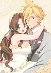Rule 34 | 1boy, 1girl, aerith gainsborough, arms around neck, blonde hair, blue eyes, blush, bracelet, breasts, bridal veil, carrying, cloud strife, couple, dress, earrings, falling petals, final fantasy, final fantasy vii, flower, formal, green eyes, grey suit, hair down, jewelry, krudears, long hair, medium breasts, one eye closed, open mouth, parted bangs, petals, princess carry, rose, sidelocks, single earring, smile, spiked hair, suit, veil, wavy hair, wedding, wedding dress, white dress, yellow background