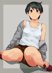 Rule 34 | 1girl, belt, black eyes, black hair, breasts, kantai collection, makio (makiomeigenbot), mogami (kancolle), off-shoulder jacket, off shoulder, shoes, short hair, shorts, signature, sitting, small breasts, smile, sneakers, solo, tank top, wariza