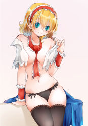 Rule 34 | 1girl, alice margatroid, aqua eyes, areola slip, arm support, bad id, bad pixiv id, bare shoulders, between breasts, black panties, blonde hair, blush, breasts, capelet, commentary request, cowboy shot, frilled hairband, frills, gradient background, grey background, groin, hair between eyes, hairband, hand up, head tilt, large breasts, lolita hairband, looking at viewer, navel, off shoulder, open clothes, panties, red hairband, red neckwear, shibi (asagi nezumi), short hair, sitting, smile, solo, stomach, thighhighs, thighs, touhou, underwear, white capelet, wrist cuffs