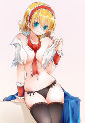 1girl alice_margatroid aqua_eyes areola_slip arm_support bad_id bad_pixiv_id bare_shoulders between_breasts black_panties blonde_hair blush breasts capelet commentary_request cowboy_shot frilled_hairband frills gradient_background grey_background groin hair_between_eyes hairband hand_up head_tilt large_breasts lolita_hairband looking_at_viewer navel off_shoulder open_clothes panties red_hairband red_neckwear shibi_(asagi_nezumi) short_hair sitting smile solo stomach thighhighs thighs touhou underwear white_capelet wrist_cuffs