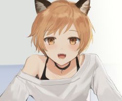 Rule 34 | 1boy, :d, androgynous, animal ear fluff, animal ears, bare shoulders, black choker, blush, brown eyes, choker, collarbone, doodle, fangs, fox boy, fox ears, grey background, highres, jewelry, light blush, long sleeves, looking at viewer, male focus, necklace, off-shoulder shirt, off shoulder, open mouth, orange eyes, orange hair, original, shirt, short hair, simple background, smile, solo, sunaba (nczd5875), tank top, teeth, trap, upper body, white background, white shirt