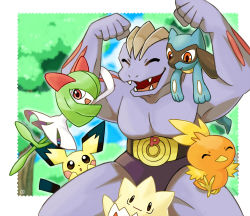1boy, 1girl, ^ ^, arms up, artist name, bangs, belt, bikini briefs, blue sky, blush stickers, border, brown eyes, clenched hands, closed eyes, closed mouth, cloud, collarbone, colored skin, creatures (company), day, eyes closed, fangs, flexing, game freak, gen 1 pokemon, gen 2 pokemon, gen 3 pokemon, gen 4 pokemon, green hair, green skin, hair over one eye, hanging on arm, happy, highres, jumping, kirlia, legs apart, long hair, looking down, machoke, male underwear, multicolored, multicolored skin, muscular, muscular male, nintendo, on shoulder, open mouth, outdoors, outline, outside border, pectorals, pichu, pokemon, pokemon (creature), pokemon on shoulder, pose, purple skin, red eyes, riolu, rorosuke, signature, sky, smile, thick thighs, thighs, togepi, torchic, tree, two-tone skin, underwear, white border, white skin