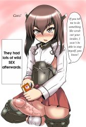 Rule 34 | 10s, 1girl, ball bra, blush, brown eyes, brown hair, condom box, erection, flat chest, full-face blush, full-package futanari, futanari, hard-translated, headgear, kantai collection, kneeling, large penis, long hair, looking at viewer, meme, open mouth, penis, sitting, solo, speech bubble, taihou (kancolle), testicles, they had lots of sex afterwards (meme), third-party edit, torii5011, translated, uncensored, wariza