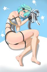 Rule 34 | 10s, 1girl, aqua eyes, aqua hair, ass, bare shoulders, barefoot, belt, blush, breasts, fingerless gloves, gloves, gradient background, hair ornament, hairclip, highres, legs, leotard, looking at viewer, lying, on side, open mouth, parted lips, ranobe-senka, scarf, shadow, shiny skin, short hair, sinon, smile, solo, sword art online, thigh strap