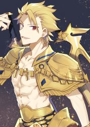 Rule 34 | 1boy, abs, armor, bare pectorals, blonde hair, collarbone, earrings, fate/prototype, fate (series), fringe trim, gilgamesh (fate/prototype), gold armor, highres, jewelry, looking at viewer, male focus, necklace, nikame, open clothes, open mouth, pectorals, red eyes, smile, solo, spiked hair, sword, weapon