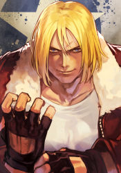 Rule 34 | 1boy, adjusting clothes, adjusting gloves, black gloves, blonde hair, blue eyes, brown coat, clenched hand, coat, collarbone, fatal fury, fingerless gloves, garou: mark of the wolves, gloves, hair between eyes, hungry clicker, long sleeves, looking at viewer, male focus, shirt, short hair, smile, snk, solo, star (symbol), terry bogard, the king of fighters, white shirt