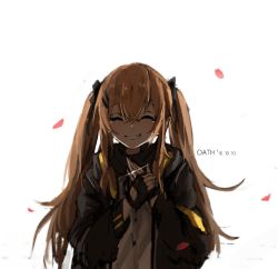 Rule 34 | 1girl, ^ ^, bad id, bad pixiv id, blush, brown hair, closed eyes, closed eyes, fingerless gloves, girls&#039; frontline, gloves, grin, hair between eyes, hair ornament, hairclip, jacket, jewelry, petals, ring, rose petals, scar, scar across eye, scar on face, smile, solo, twintails, ump9 (girls&#039; frontline), unitsu, wedding band