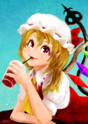 Rule 34 | 1girl, ascot, blonde hair, blush, carte, cup, dress, drinking, drinking glass, drinking straw, elbow rest, fangs, faux traditional media, flandre scarlet, fran (shironeko project), hat, highres, laevatein, lips, mob cap, pointy ears, puffy short sleeves, puffy sleeves, red dress, red eyes, short sleeves, side ponytail, solo, tail, touhou, wings