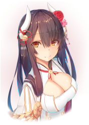 Rule 34 | 1girl, azur lane, black hair, blush, breasts, cleavage, cleavage cutout, closed mouth, clothing cutout, commentary request, cowboy shot, flower, hair between eyes, hair flower, hair ornament, hair over one eye, hiei (azur lane), highres, horns, large breasts, long hair, looking at viewer, red flower, red rose, rose, smile, solo, tatapopo, upper body, yellow eyes