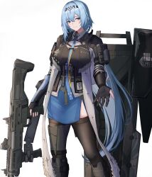 Rule 34 | 1girl, 3 small spiders, ammunition pouch, arm guards, belt, black gloves, black thighhighs, blue eyes, blue hair, blue skirt, braid, bullpup, checkered hairband, collared shirt, commentary request, commission, double-barreled shotgun, dp-12 (girls&#039; frontline), dp-12 (mod3) (girls&#039; frontline), feet out of frame, fingerless gloves, girls&#039; frontline, gloves, gun, holding, holding gun, holding weapon, id card, long hair, looking at viewer, miniskirt, multiple-barrel firearm, pouch, pump-action shotgun, pump action, shield, shin guards, shirt, shotgun, side-by-side-barreled shotgun, simple background, skeb commission, skirt, smile, solo, standard manufacturing dp-12, standing, suppressor, thighhighs, very long hair, weapon, white background, white shirt