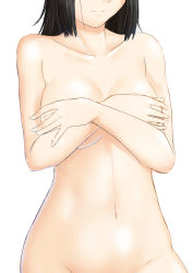 Rule 34 | 1girl, black hair, breasts, cleavage, closed mouth, collarbone, covering privates, covering breasts, groin, head out of frame, highres, navel, niwatazumi, nude, original, out-of-frame censoring, short hair, simple background, sketch, smile, solo, stomach, white background